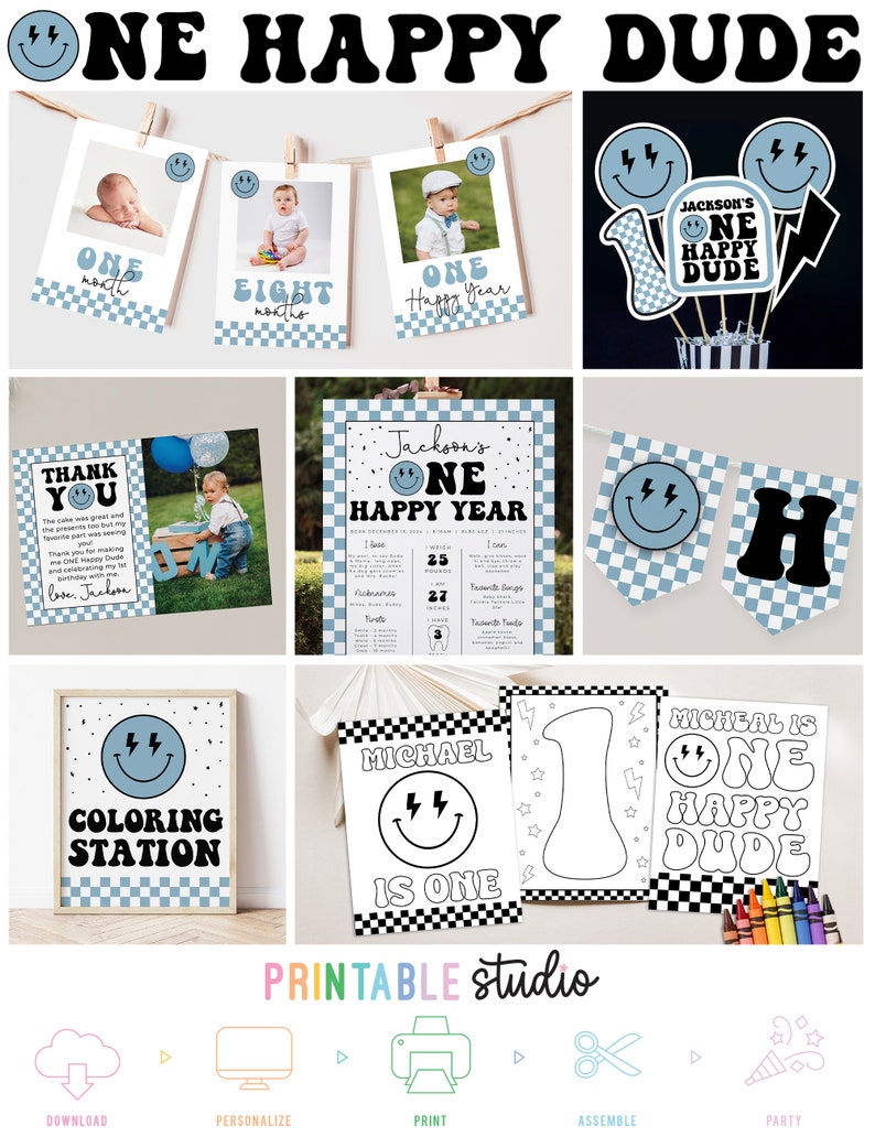 May include: Printable party decorations for a first birthday party with a blue, black, and white checkered pattern. The decorations feature a smiling face with lightning bolts and the text "One Happy Dude".