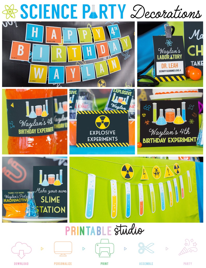 May include: Printable science party decorations for a 4th birthday. The decorations feature a science theme with beakers, test tubes, and a lab coat. The text "Happy 4th Birthday Waylan" is featured on a banner. The text "Waylan's 4th Birthday Experiment" is featured on a sign. The text "Explosive Experiments" is featured on a sign. The text "Make your own Slime Station" is featured on a sign. The text "Thanks for making Waylan's Party Radioactive" is featured on a sign.