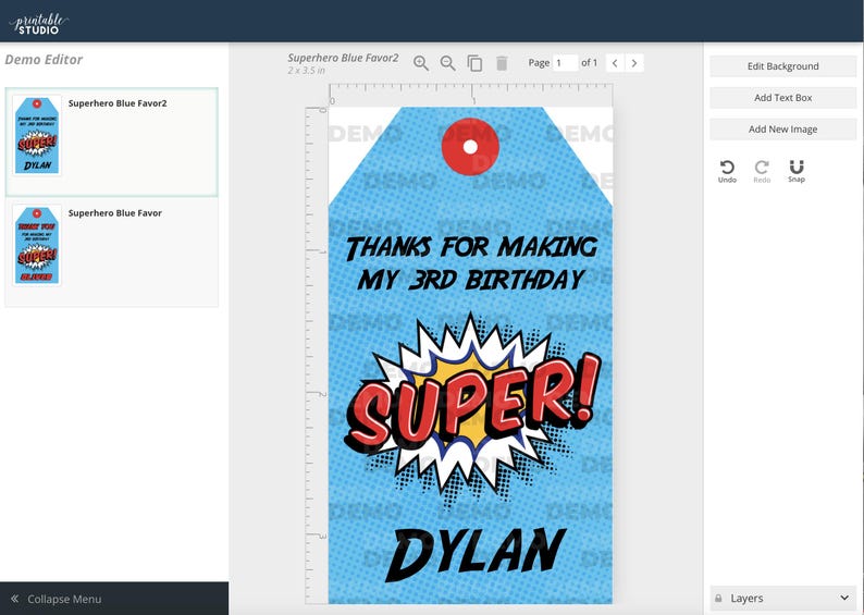 May include: A blue and red superhero-themed birthday party favor tag with the text "Thanks for making my 3rd birthday super!" and the name "Dylan".