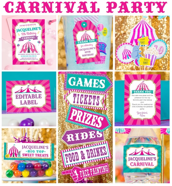 Carnival Theme Party Decorations in Pink Printable Carnival Party - Circus Party Decorations Pink Purple Circus Party Girls Carnival Party