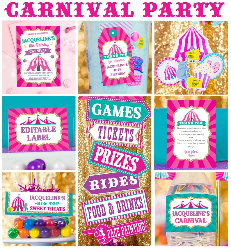 May include: Pink and teal printable carnival party decorations with gold glitter accents. The set includes a birthday invitation, thank you tags, editable labels, game tickets, food and drink signs, and a ride sign. The text on the invitation reads "Jacqueline's 10th Birthday Carnival".