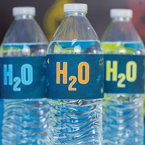 科学パーティードリンクラベル、科学パーティーウォーターラベル、H2Oウォーターラベル、編集可能な科学者パーティードリンクラベル、科学実験室ウォーターラベル
