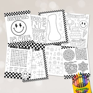 May include: Black and white printable coloring pages for a first birthday party. The pages feature a word search, tic-tac-toe, a maze, a find-the-picture game, and a birthday cake with a smiley face. The text on the pages reads "Micheal is one" and "Party".