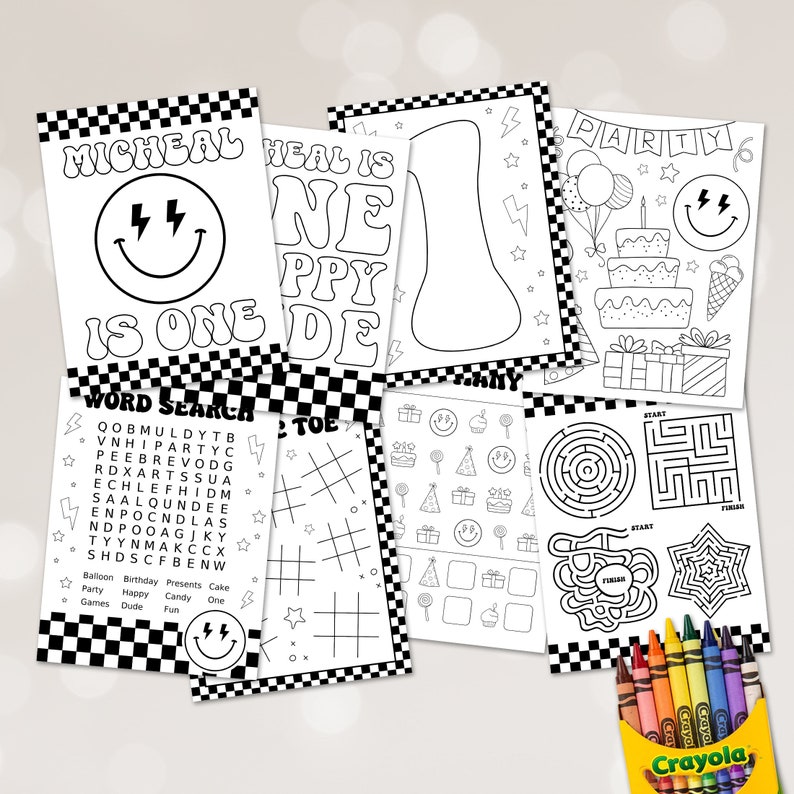 May include: Black and white printable coloring pages for a first birthday party. The pages feature a word search, tic-tac-toe, a maze, a find-the-picture game, and a birthday cake with a smiley face. The text on the pages reads "Micheal is one" and "Party".