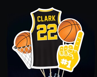 Centros de mesa de baloncesto editables en negro y amarillo. Centros de mesa imprimibles para fiestas de cumpleaños de baloncesto. Adorno para tarta de baloncesto de descarga instantánea.
