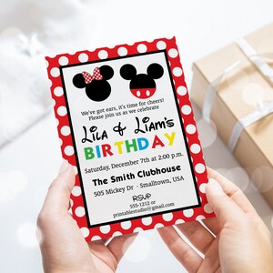 May include: A birthday invitation featuring Mickey and Minnie Mouse silhouettes. The invitation has a red polka dot border and includes the text "Lila & Liam's Birthday" in colorful letters. The invitation also includes event details.