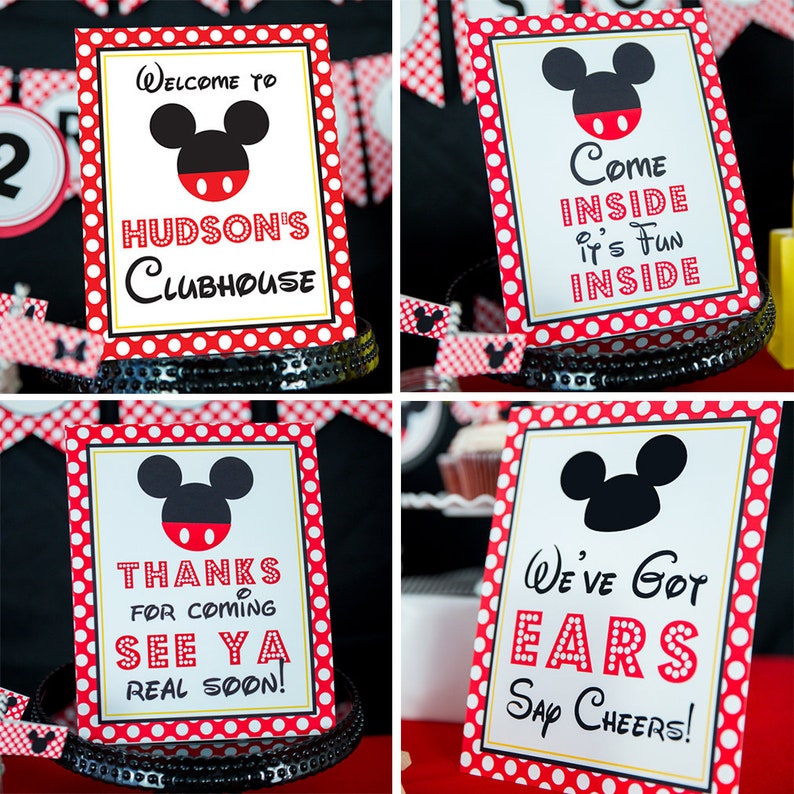 May include: Four decorative signs with a Mickey Mouse theme. Each sign has a white background with a red polka dot border and a black Mickey Mouse head silhouette. The signs have text that reads "Welcome to Hudson's Clubhouse", "Come Inside It's Fun Inside", "Thanks for Coming See Ya Real Soon!", and "We've Got Ears Say Cheers!"