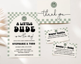 Little Dude babyshower uitnodigingsbundel in groen, Little Dude is onderweg, A Little Dude Sage babyshower, smiley babyshower