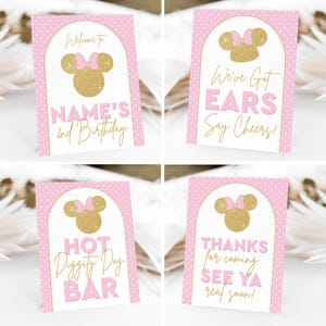 Editable Minnie Party Signs in Pink Gold Minnie Mouse Party Signs Printable Set of Modern Minnie Mouse Signs Minnie Party Signs