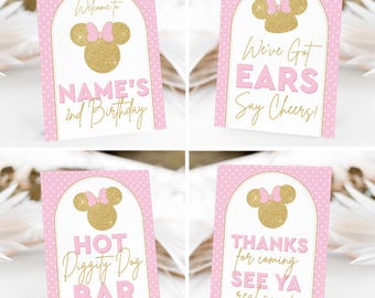 Editable Minnie Party Signs in Pink Gold Minnie Mouse Party Signs Printable Set of Modern Minnie Mouse Signs Minnie Party Signs