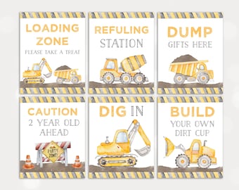 Pacchetto di cartelli per compleanno a tema cantiere, cartelli per compleanno con cibo e bevande a tema camion da cantiere, cartelli regalo con bomboniere per camion escavatori, download digitale