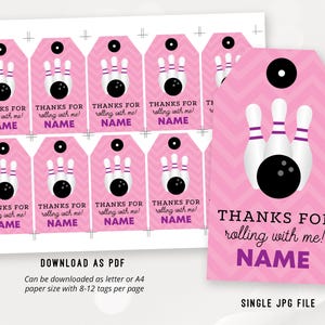 May include: Pink and white chevron patterned favor tags with a bowling ball and pins design. The text on the tags reads "Thanks for rolling with me! NAME".
