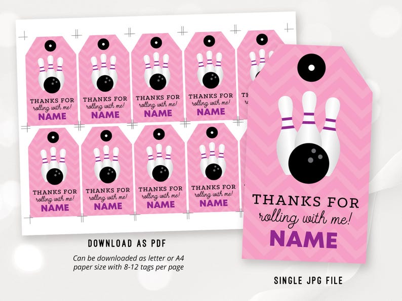 May include: Pink and white chevron patterned favor tags with a bowling ball and pins design. The text on the tags reads "Thanks for rolling with me! NAME".