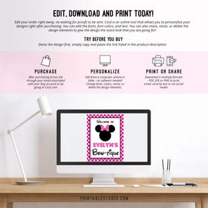 Puede incluir: Un cartel imprimible de lunares rosa y blanco con una silueta negra de Minnie Mouse con un lazo rosa. El cartel dice "Bienvenido a Evelyn's Bow-tique".