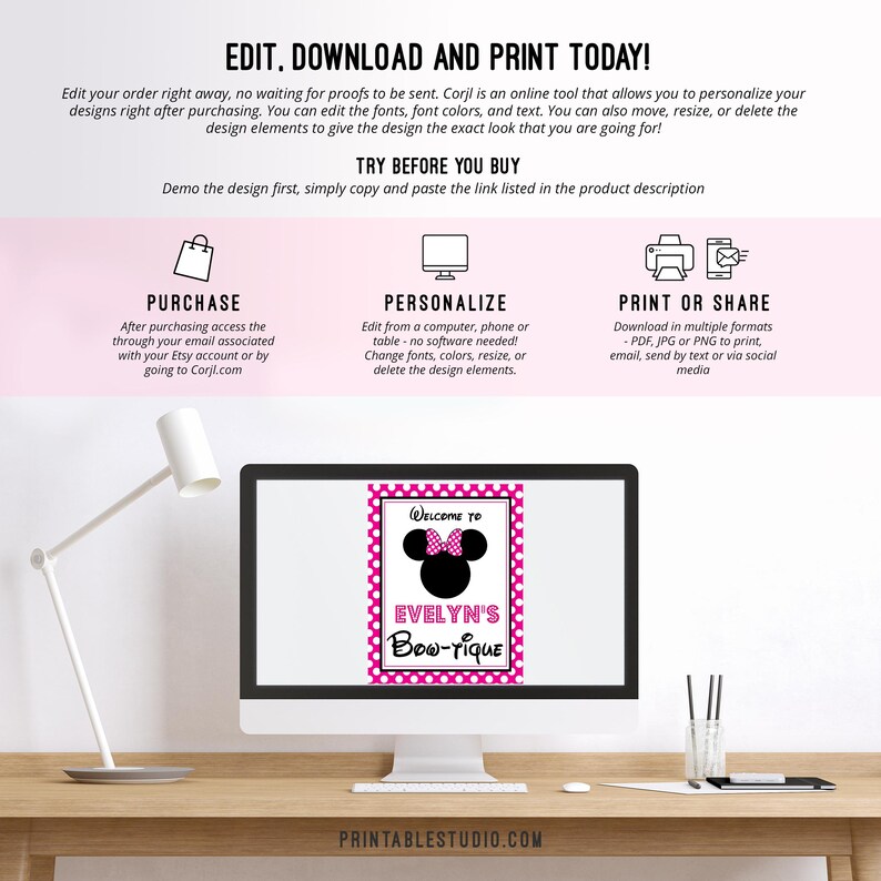 Puede incluir: Un cartel imprimible de lunares rosa y blanco con una silueta negra de Minnie Mouse con un lazo rosa. El cartel dice "Bienvenido a Evelyn's Bow-tique".