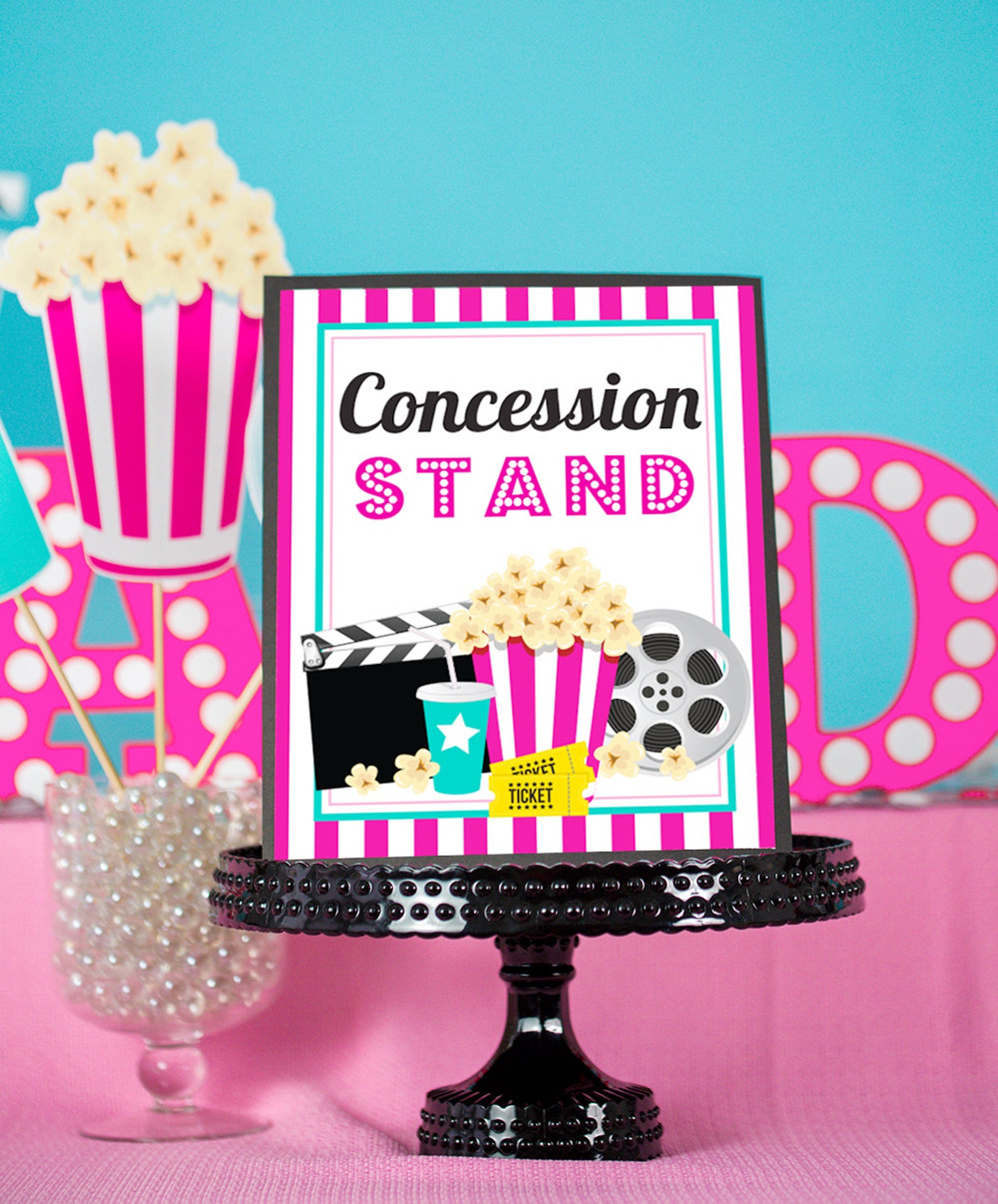 Movie Party Signs Instant Download Pink Movie Party Signs Etsy