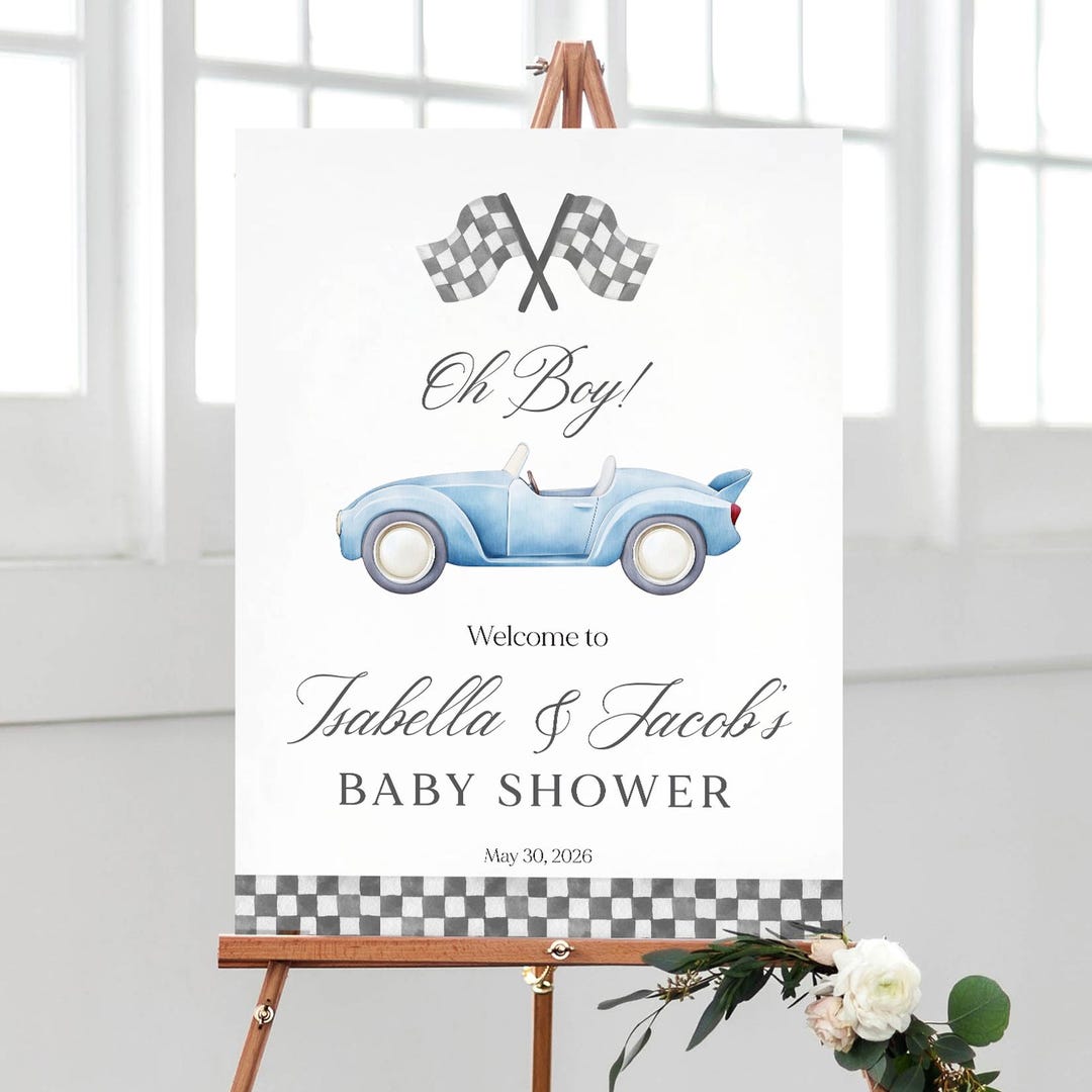 Editable Race Car Baby Shower Sign, Blue Race Car Baby Shower Welcome ...