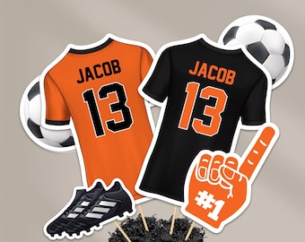 Centros de mesa para fiestas de fútbol en naranja y negro, decoración para fiestas de graduación (archivo digital)