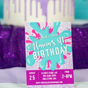 May include: A pink and blue birthday party invitation with a slime theme. The invitation says "Join the Slime-O-bration at Alaina's 8th Birthday". The invitation also includes the date, time, and location of the party.