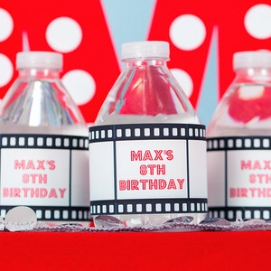 Movie Birthday Water Labels in Blue, Movie Night Water Label, Movie Party Drink Label, Instant Download Movie Water Bottle Label