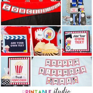 May include: A collection of movie-themed party decorations. Includes a red banner that says "CONCESSIONS", cupcake toppers, signs with text, and a banner that says "HAPPY 8TH BIRTHDAY MAX". The decorations feature popcorn and film reel graphics.