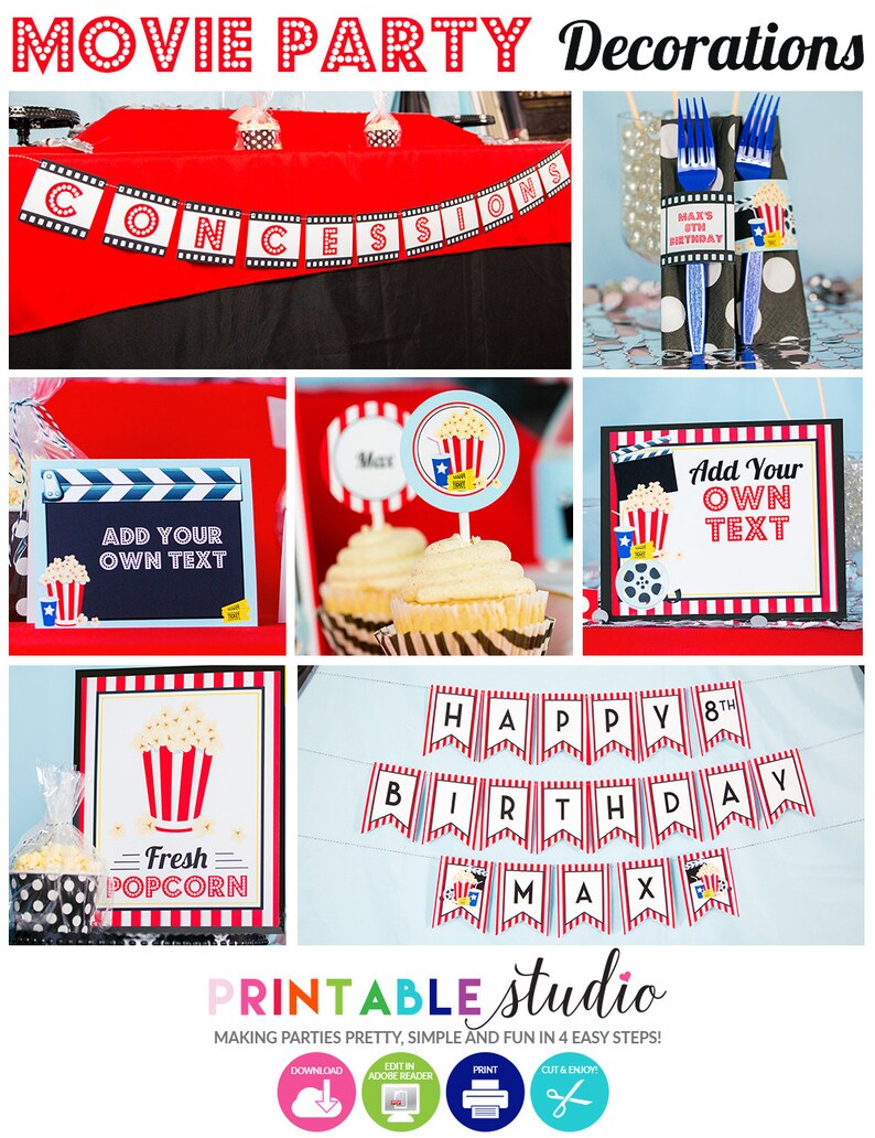 May include: A collection of movie-themed party decorations. Includes a red banner that says "CONCESSIONS", cupcake toppers, signs with text, and a banner that says "HAPPY 8TH BIRTHDAY MAX". The decorations feature popcorn and film reel graphics.
