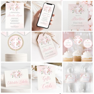 Decorações para a Primeira Comunhão de Meninas, Decorações para a Primeira Comunhão em Floral Rosa Festa de Primeira Comunhão para Imprimir Primeira Comunhão de Meninas