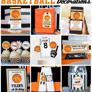 May include: Basketball-themed party decorations for an 8th birthday. The decorations include invitations, cupcake toppers, favor bags, a gift bag, a water bottle label, and a sign. The decorations are in orange, black, and white.