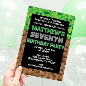 May include: A Minecraft-themed birthday party invitation for a seventh birthday. The invitation features a green and brown pixelated background with the text "Matthew's Seventh Birthday Party" in green and black. The invitation also includes the date, time, and location of the party.