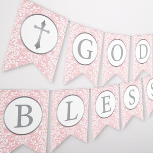 Gott segne Banner - rosa Silber erste Kommunion Banner - Mädchen Taufe Banner - Sofortiger Download rosa Banner - Taufe Gott segne Banner