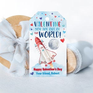Valentijn You Are Out Of This World Valentijnsdagtag Outer space Bewerkbare Valentijnsdagtag met Rocket Class Valentine