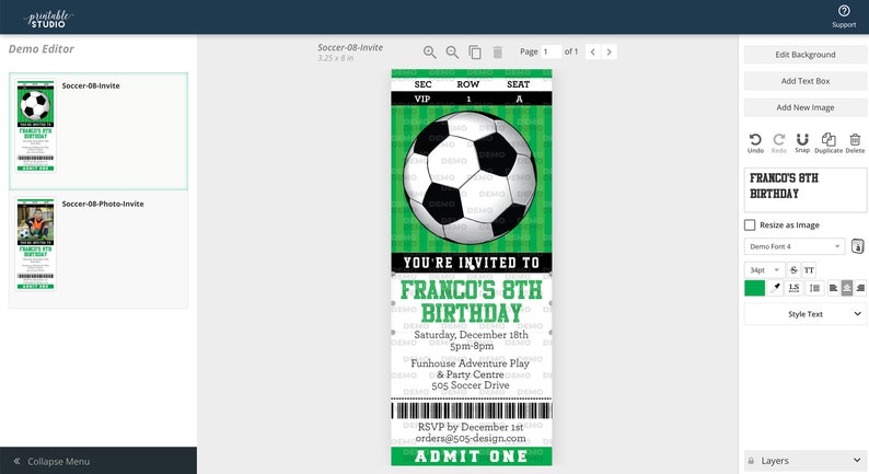 May include: A green and white soccer ticket invitation for Franco's 8th birthday party. The ticket features a black and white soccer ball graphic and the text "You're invited to Franco's 8th Birthday".