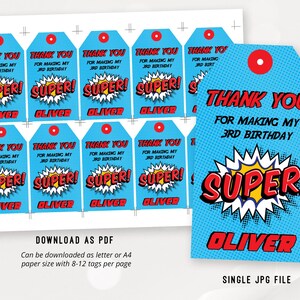 May include: Blue and red thank you tags with the text "Thank You for Making My 3rd Birthday Super! Oliver" printed on them. The tags are designed with a comic book theme.