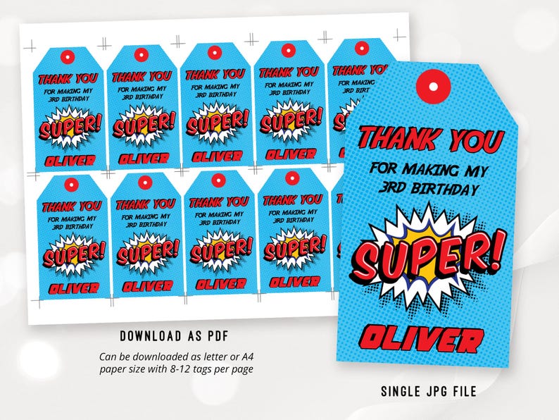 May include: Blue and red thank you tags with the text "Thank You for Making My 3rd Birthday Super! Oliver" printed on them. The tags are designed with a comic book theme.