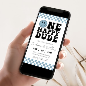 One Happy Dude Digital Invitation Blue  Happy Dude Birthday Phone Invitation One Happy Dude Birthday Boys First Birthday Idea