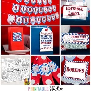 May include: Baseball-themed party decorations, including a banner that reads "Happy Birthday Anthony," editable labels, thank you tags, and party favors. The decorations feature red, white, and blue colors and baseball graphics.