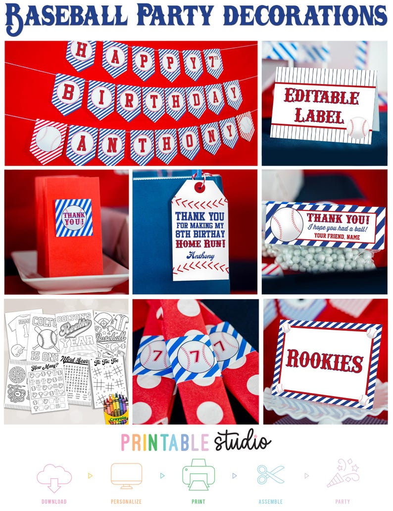 May include: Baseball-themed party decorations, including a banner that reads "Happy Birthday Anthony," editable labels, thank you tags, and party favors. The decorations feature red, white, and blue colors and baseball graphics.
