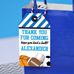 May include: Blue and white striped thank you tag with the text "Thank you for coming, hope you had a ball! Alexander" and a graphic of a basketball, football, baseball, and soccer ball.