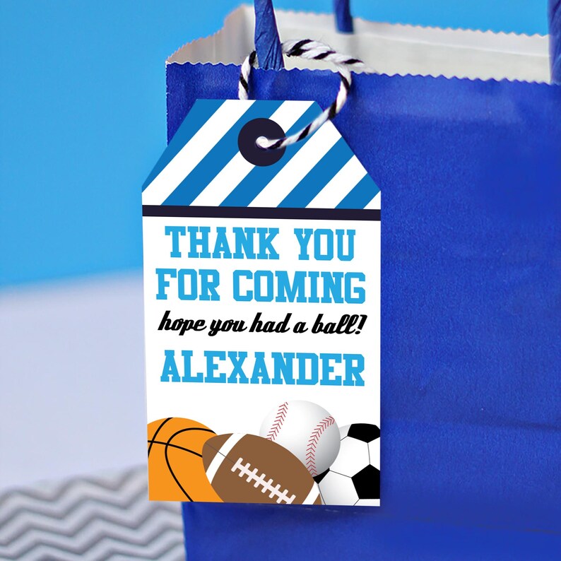 May include: Blue and white striped thank you tag with the text "Thank you for coming, hope you had a ball! Alexander" and a graphic of a basketball, football, baseball, and soccer ball.