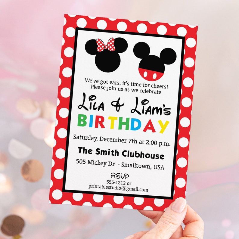 May include: A birthday invitation with a red polka dot border. The invitation features Mickey and Minnie Mouse silhouettes. Text includes "Lila & Liam's Birthday" and event details. The invitation is held by a person.