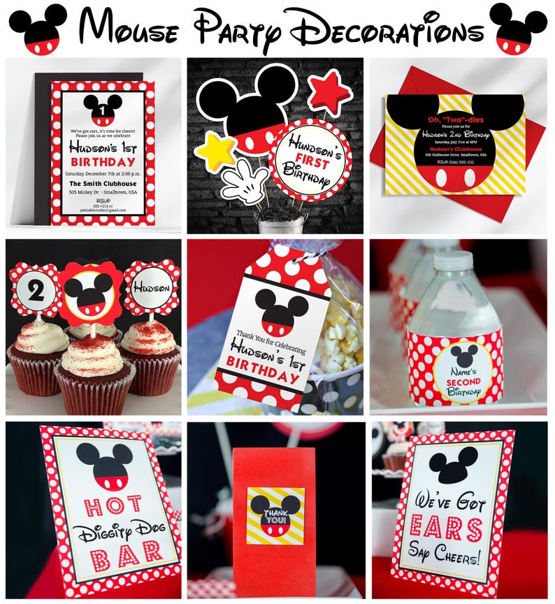 May include: A collage of party decorations with a mouse theme. Includes invitations, cupcake toppers, water bottle labels, and signs. The color scheme is red, black, white, and yellow. Text includes "Hudson's 1st Birthday" and "Hot Diggity Dog Bar."
