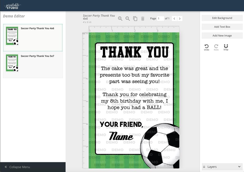 May include: A green and white soccer-themed thank you card with a black and white soccer ball graphic. The text reads "Thank You. The cake was great and the presents too but my favorite part was seeing you! Thank you for celebrating my 8th birthday with me, I hope you had a BALL! Your Friend, Name."