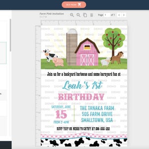 May include: A pink and blue farm-themed birthday invitation with a pink barn, a silo, a cow, a pig, a horse, and a sheep. The text reads "Join us for a backyard barbecue and some barnyard fun at Leah's 1st Birthday. Saturday, June 15 from 2-4pm. The Tanaka Farm, 505 Farm Drive, Smalltown, USA. RSVP yay or neigh to Cathy at 586-555-1212."