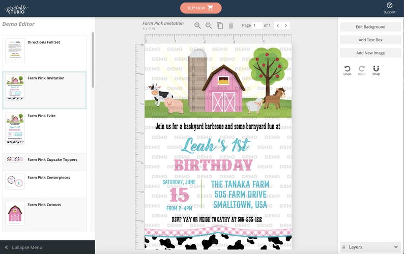 May include: A pink and blue farm-themed birthday invitation with a pink barn, a silo, a cow, a pig, a horse, and a sheep. The text reads "Join us for a backyard barbecue and some barnyard fun at Leah's 1st Birthday. Saturday, June 15 from 2-4pm. The Tanaka Farm, 505 Farm Drive, Smalltown, USA. RSVP yay or neigh to Cathy at 586-555-1212."
