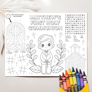 男の子向け初聖体拝領ぬり絵プレイスマット：印刷可能なアクティビティページ（PDF & JPG）