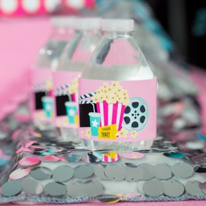 Movie Night Drink Label in Pink, Movie Night Water Label,  Movie Party Water Label Instant Download by Printable Studio