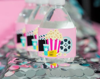 Movie Night Drink Label in Pink, Movie Night Water Label,  Movie Party Water Label Instant Download by Printable Studio
