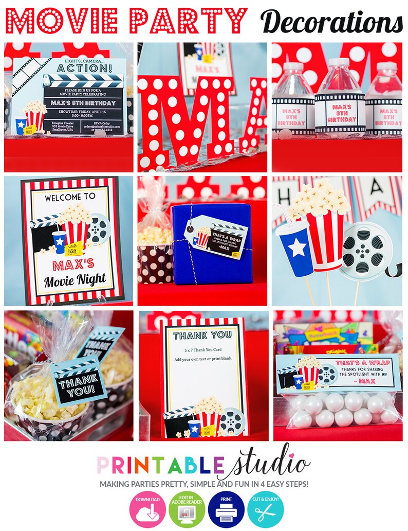 May include: A collage of movie-themed party decorations. Includes invitations, popcorn, drink bottles, gift tags, and thank you cards. The color scheme is red, white, and blue, with movie reel and popcorn graphics. Text includes "Movie Party" and "Max's 5th Birthday".