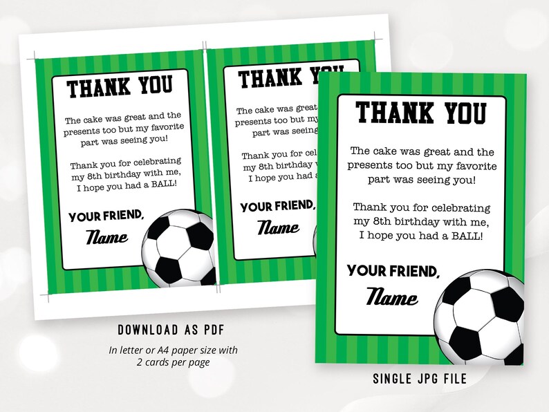 May include: Thank you cards with a soccer ball design. The cards are green and white with black text. The text says "Thank you" and "The cake was great and the presents too but my favorite part was seeing you! Thank you for celebrating my 8th birthday with me, I hope you had a BALL! Your Friend, Name".