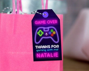 Editable Video Game Birthday Party Favor Tags Neon Pink Gamer Luggage Favor Tag Neon Glow Game Over Thank You Tags Video Game Thank You Tag